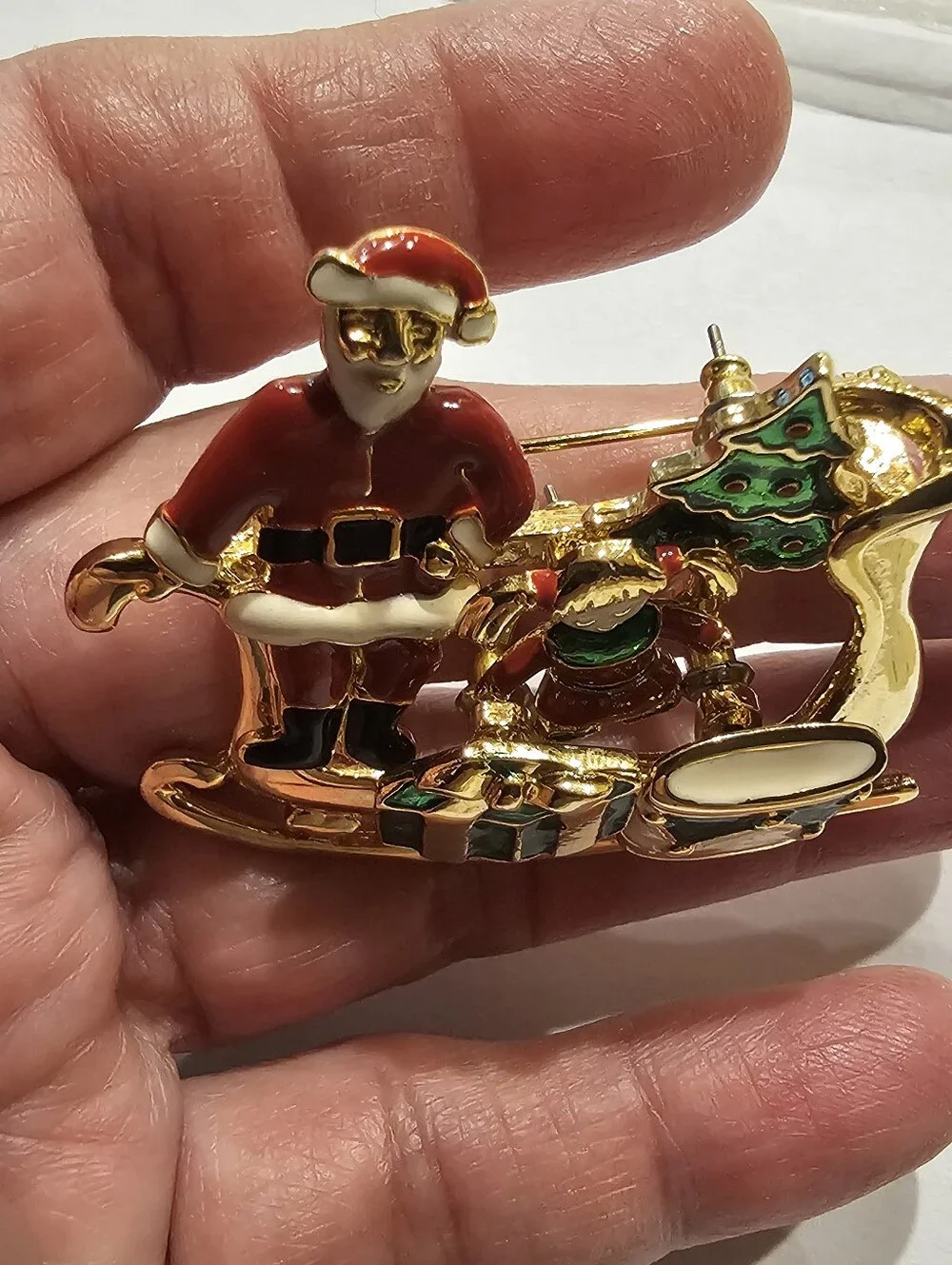 Vintage Gold-tone Enamel Santa Sleigh Multi-Piece Christmas Brooch Pin Set